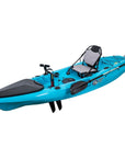 Angled view of the Marlin Pro in light blue. Shows seat comfort, wide footrests, and front hatch design for anglers and touring use.