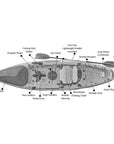 Specifications diagram for the Marlin Pro fishing kayak. Shows seating, hatch layout, and fishing accessory placement.