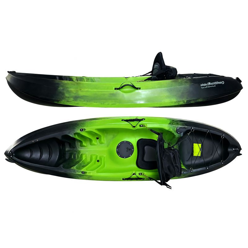Cambridge Kayaks Neptune single sit-on-top kayak in green and black fade, shown from side and top views with backrest, storage hatch, and rear bungee area — lightweight recreational kayak ideal for solo paddlers in UK lakes, rivers, and coastal waters.
