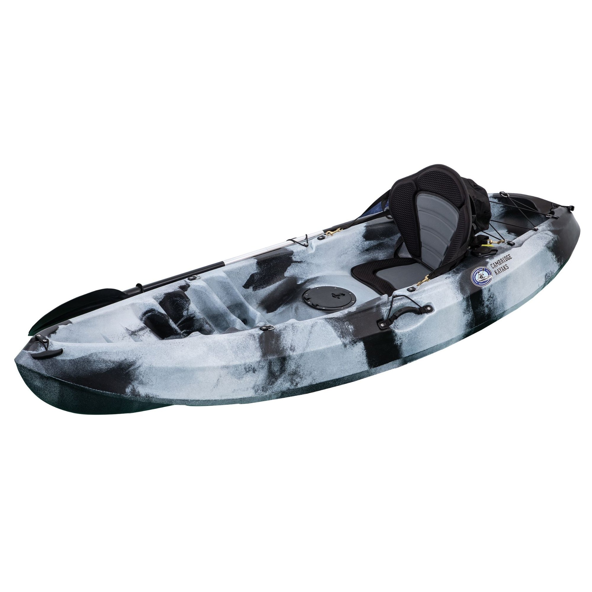Cambridge Kayaks Neptune single sit-on-top kayak in black white camo angled left. Compact and stable kayak ideal for solo paddling, fishing, and coastal exploration.
