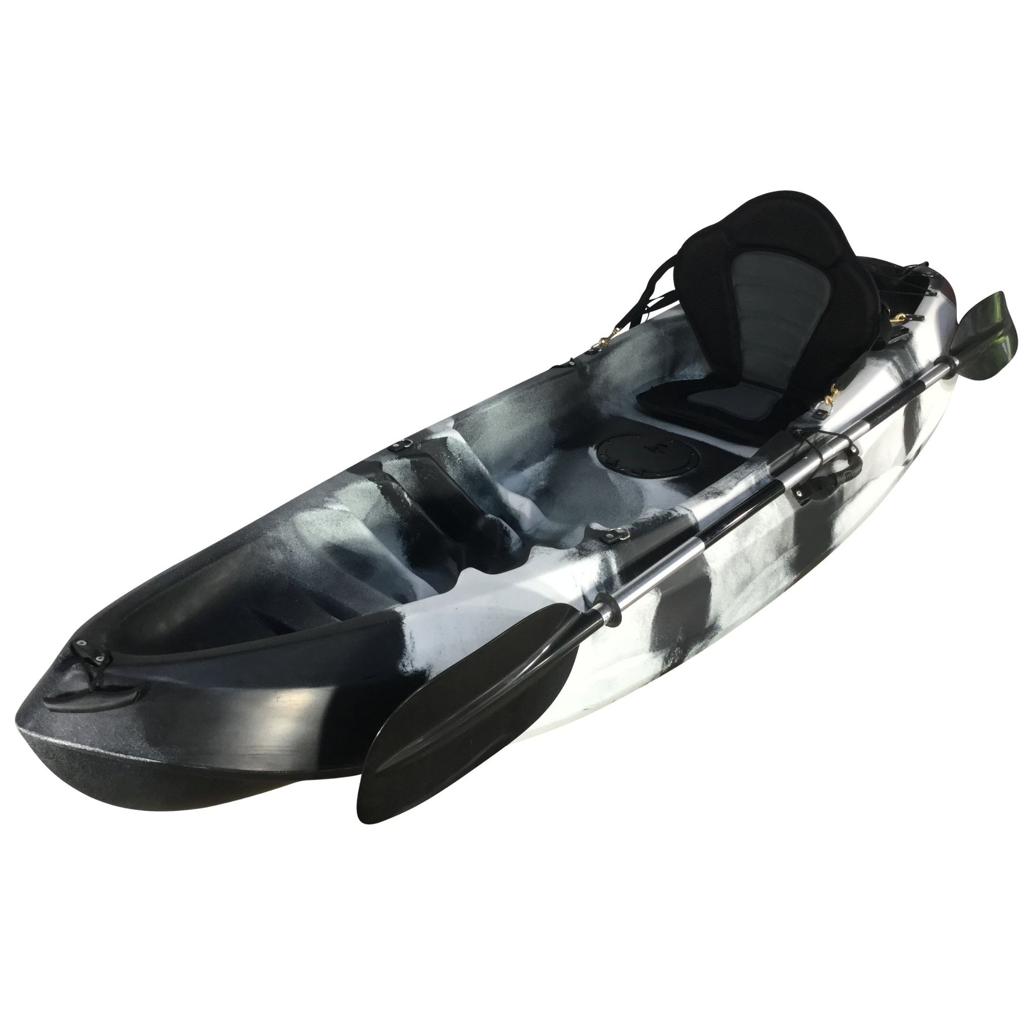 Black white camo Cambridge Kayaks Neptune single sit-on-top kayak angled right. Lightweight and durable kayak designed for smooth handling and stability.