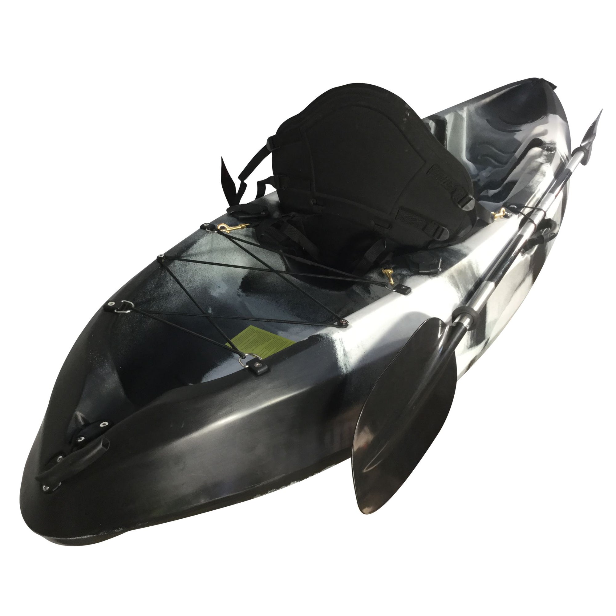 Front angled view of the Cambridge Kayaks Neptune single sit-on-top kayak in black white camo. Displays ergonomic seating and molded footrests for comfort.