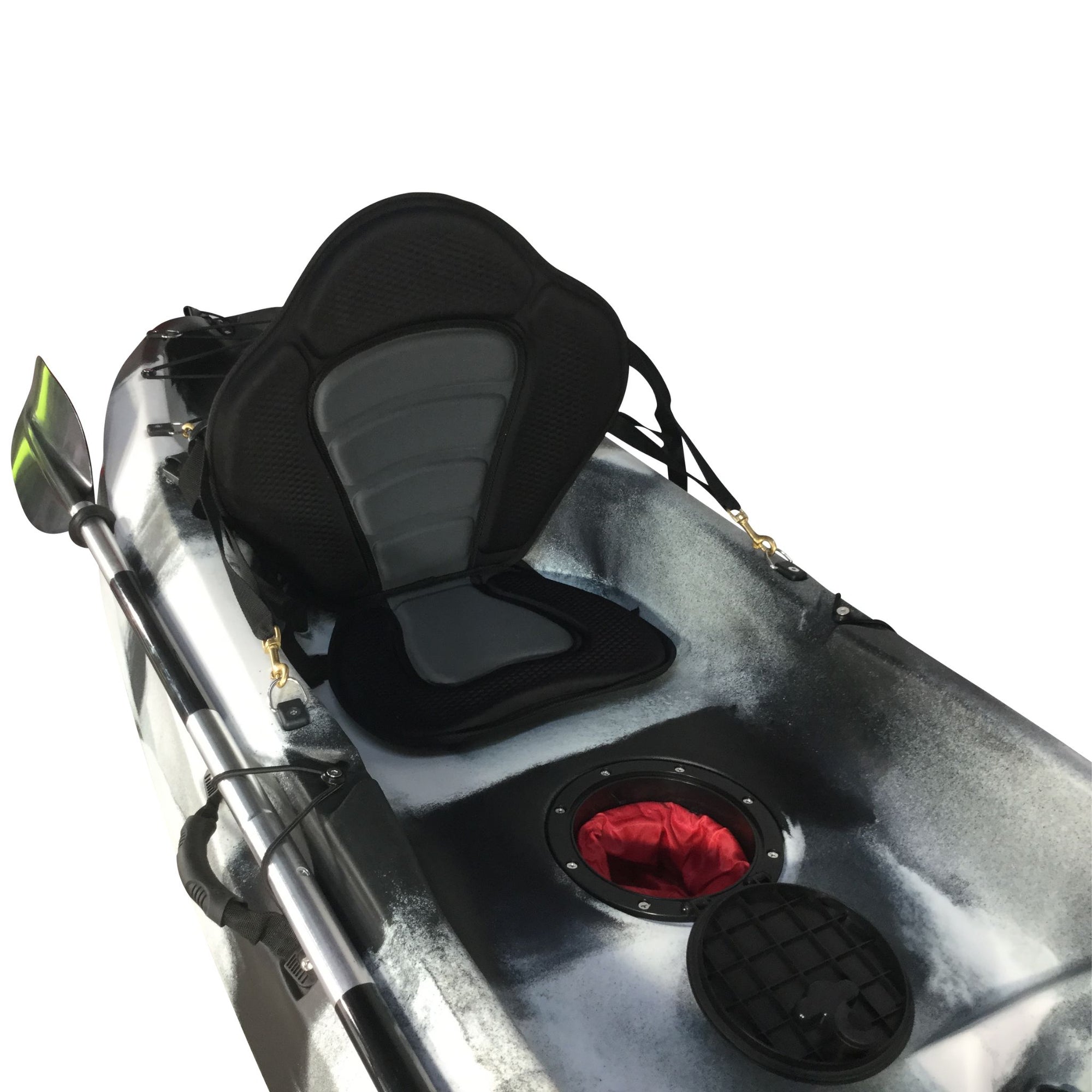 Close-up of the Cambridge Kayaks Neptune kayak seat in black white camo. Shows padded adjustable backrest and waterproof hatch detail for convenient storage.