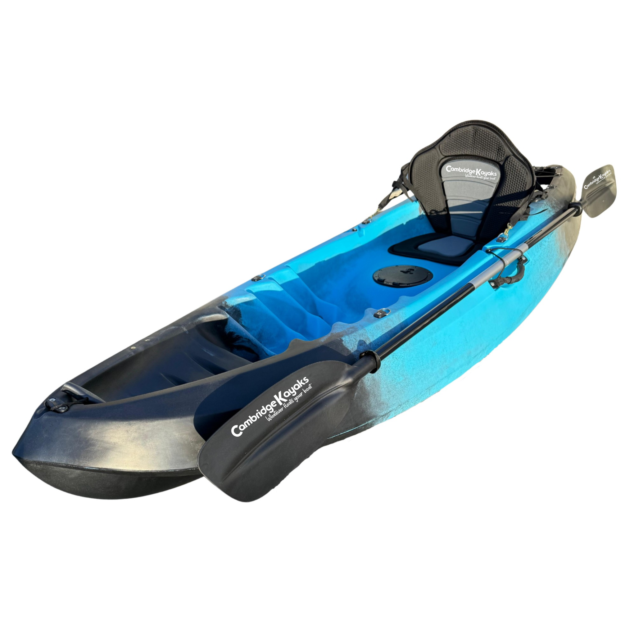 Front-angled view of the Cambridge Kayaks Neptune single sit-on-top kayak in blue and black, featuring a padded backrest seat and durable paddle, ideal for leisure paddlers seeking comfort and performance on calm waters.
