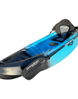 Front-angled view of the Cambridge Kayaks Neptune single sit-on-top kayak in blue and black, featuring a padded backrest seat and durable paddle, ideal for leisure paddlers seeking comfort and performance on calm waters.