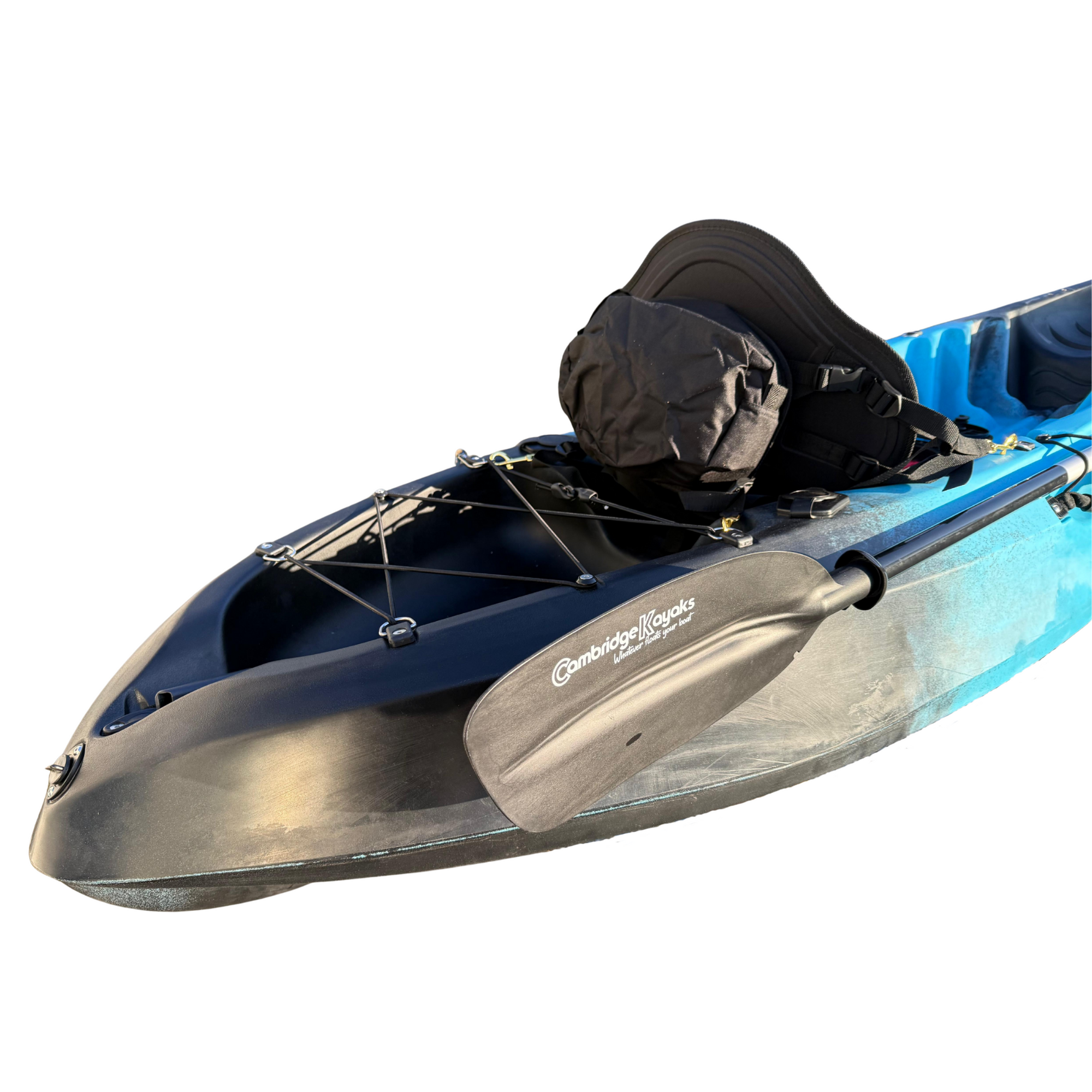 Rear section of the Cambridge Kayaks Neptune kayak in blue and black, featuring the bungee storage area, premium seat with supportive backrest, and paddle with logo branding — great for day trips and recreational use.