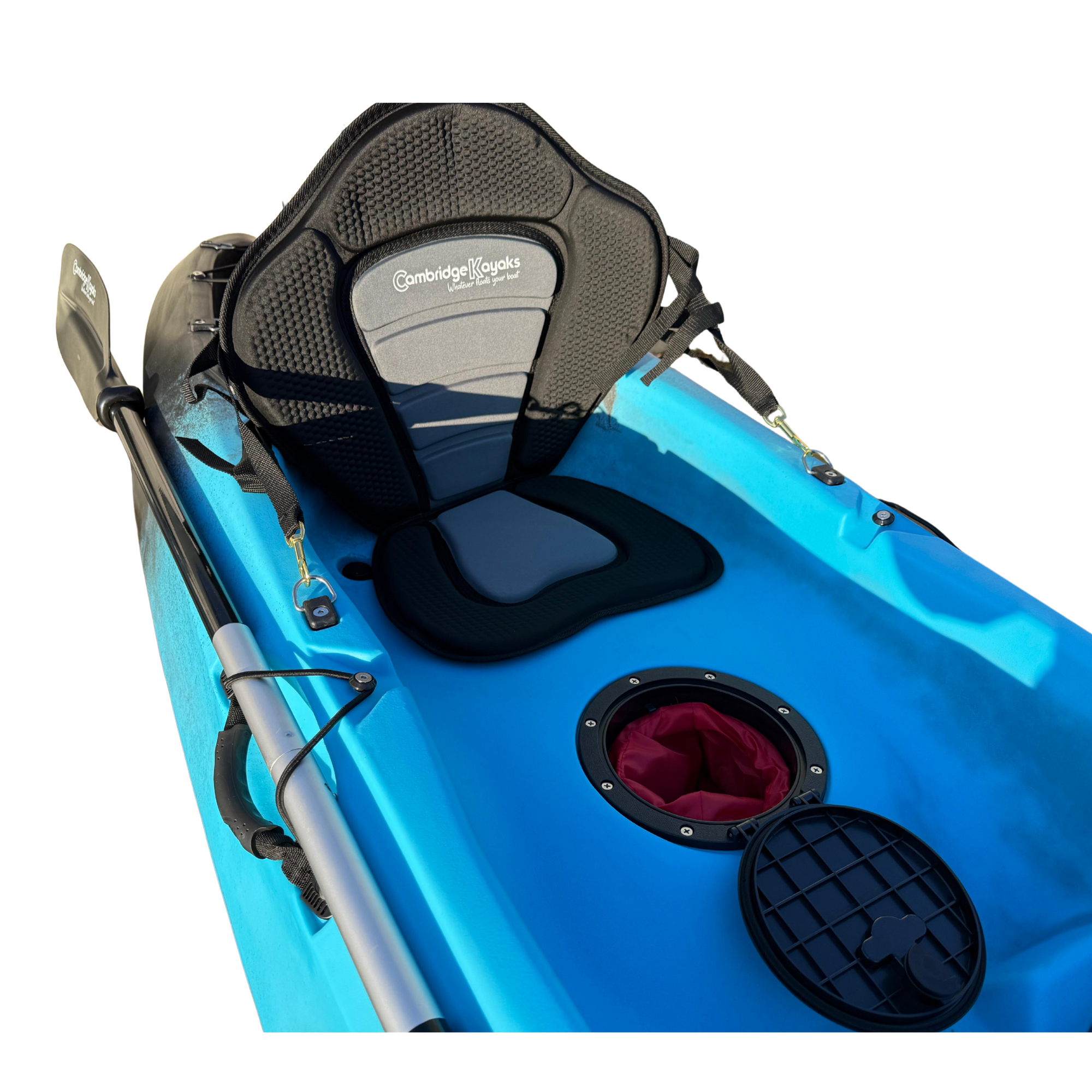 Close-up of the Cambridge Kayaks Neptune kayak in blue and black, showing the padded seat and waterproof central storage hatch with a red dry bag — designed for keeping essentials secure during your adventures.