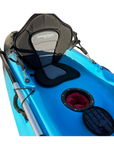 Close-up of the Cambridge Kayaks Neptune kayak in blue and black, showing the padded seat and waterproof central storage hatch with a red dry bag — designed for keeping essentials secure during your adventures.