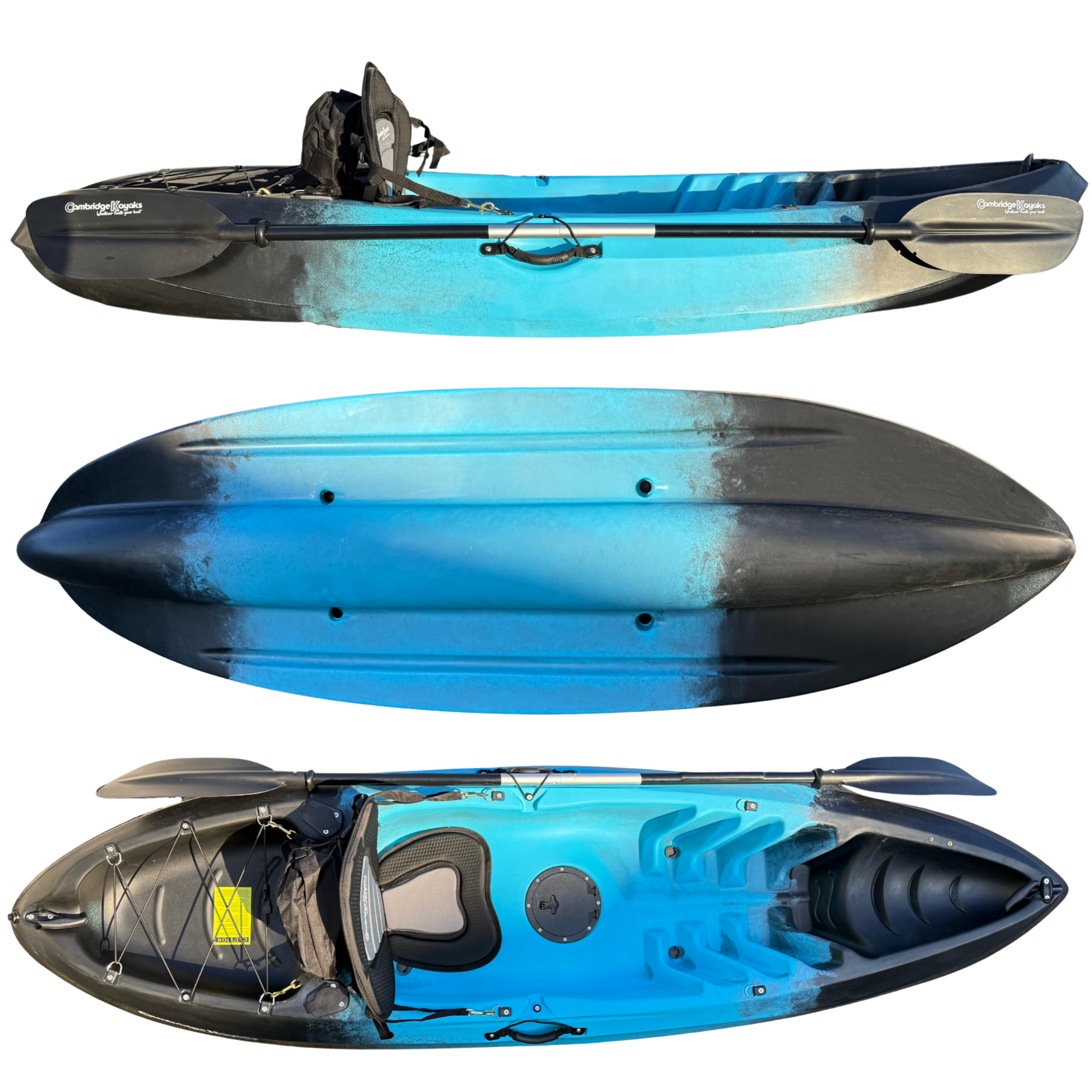 Top, side, and underside views of the Cambridge Kayaks Neptune single sit-on-top kayak in blue and black, showcasing its tri-hull design for enhanced tracking and stability, perfect for lakes, rivers, and light coastal paddling.