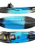 Top, side, and underside views of the Cambridge Kayaks Neptune single sit-on-top kayak in blue and black, showcasing its tri-hull design for enhanced tracking and stability, perfect for lakes, rivers, and light coastal paddling.