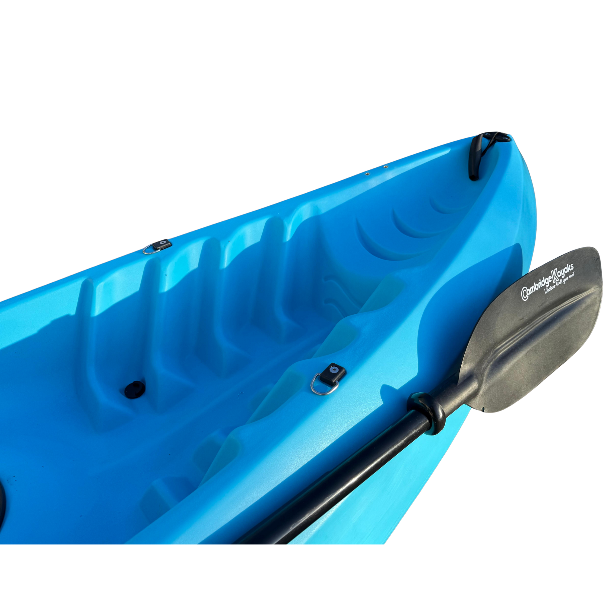 Detailed view of the Cambridge Kayaks Neptune kayak footwell area in blue, highlighting the moulded footrests and durable fittings designed for comfort, control, and easy paddling.