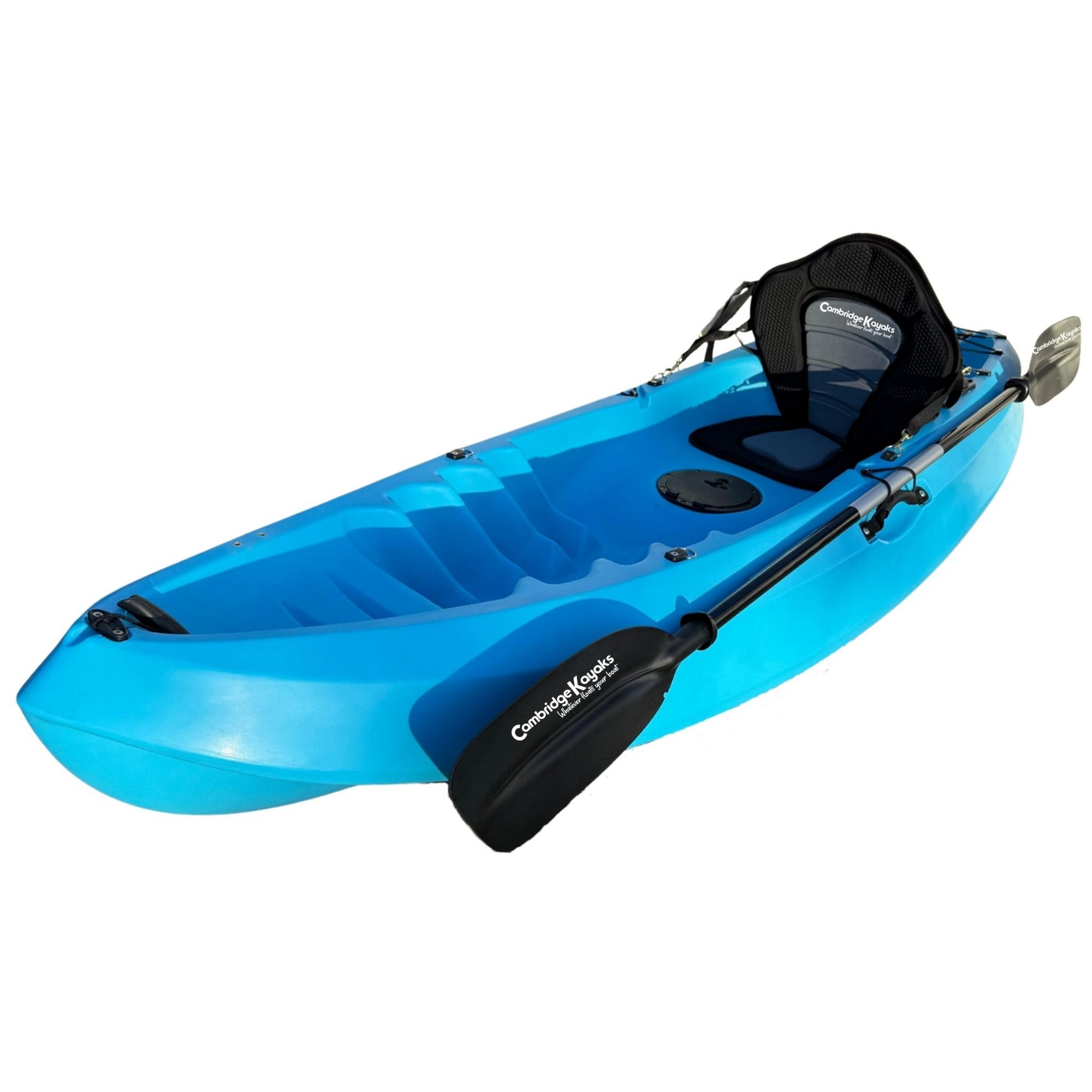 Front-angled view of the Cambridge Kayaks Neptune single sit-on-top kayak in blue, featuring a comfortable padded seat, secure paddle holder, and sleek streamlined design — ideal for rivers, lakes, and coastal paddling.