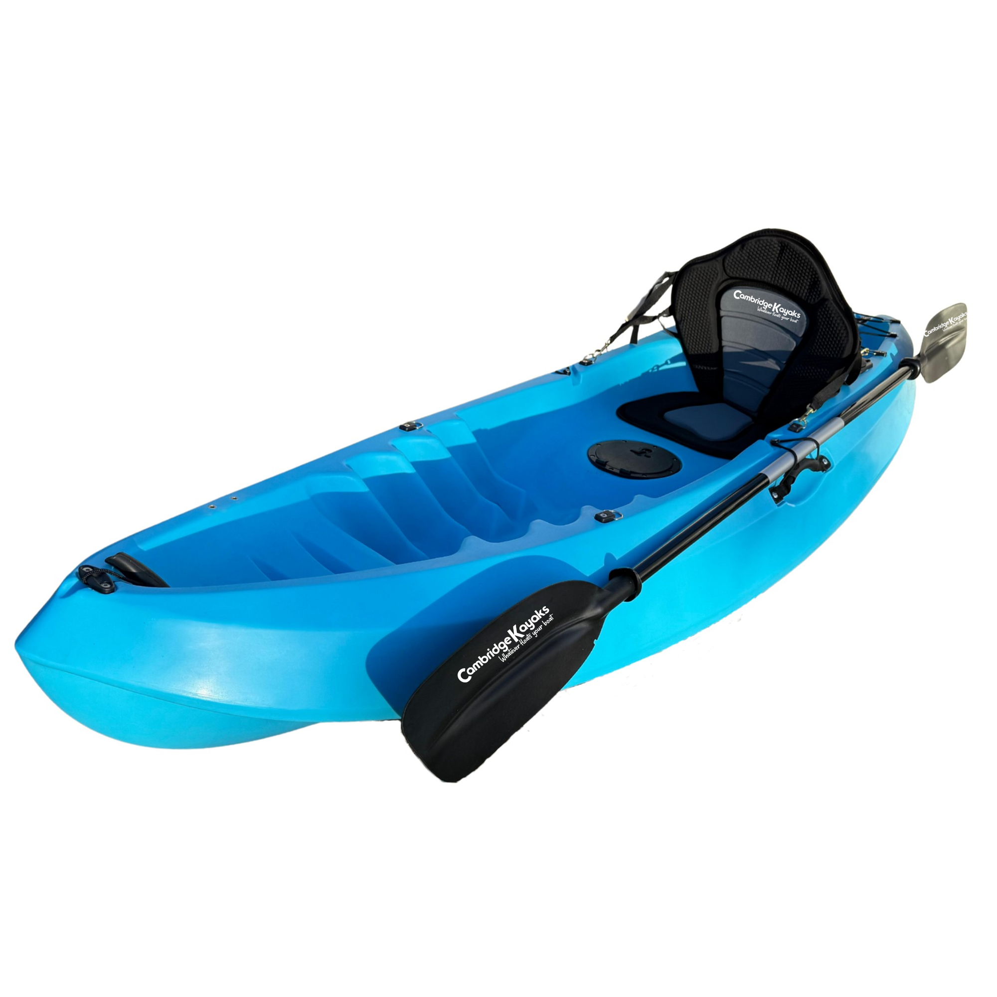 Front-angled view of the Cambridge Kayaks Neptune single sit-on-top kayak in blue, featuring a comfortable padded seat, secure paddle holder, and sleek streamlined design — ideal for rivers, lakes, and coastal paddling.