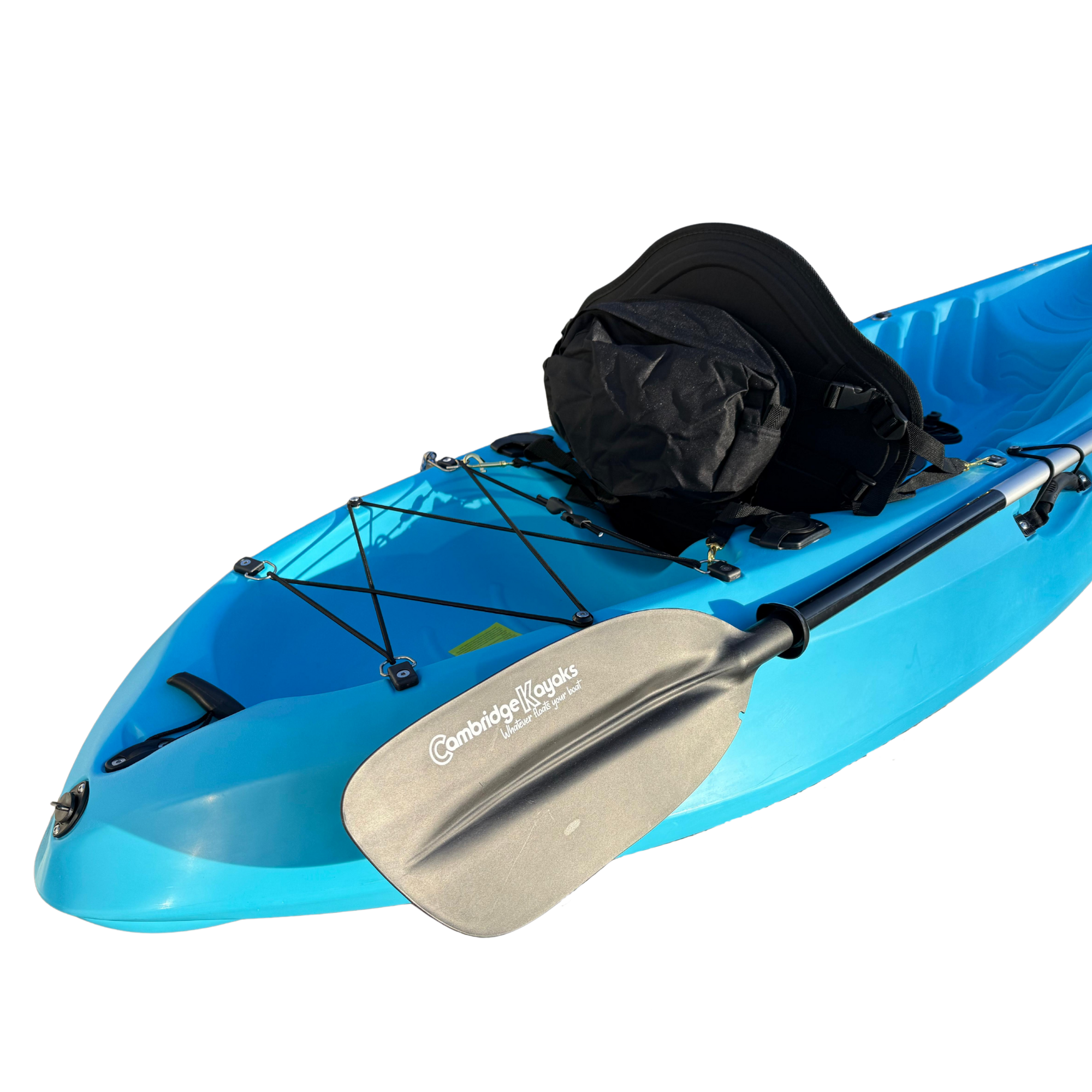 Rear section of the Cambridge Kayaks Neptune single sit-on-top kayak in blue, showing the bungee cord storage area, padded seat, and Cambridge Kayaks paddle — perfect for carrying gear or essentials on the water.
