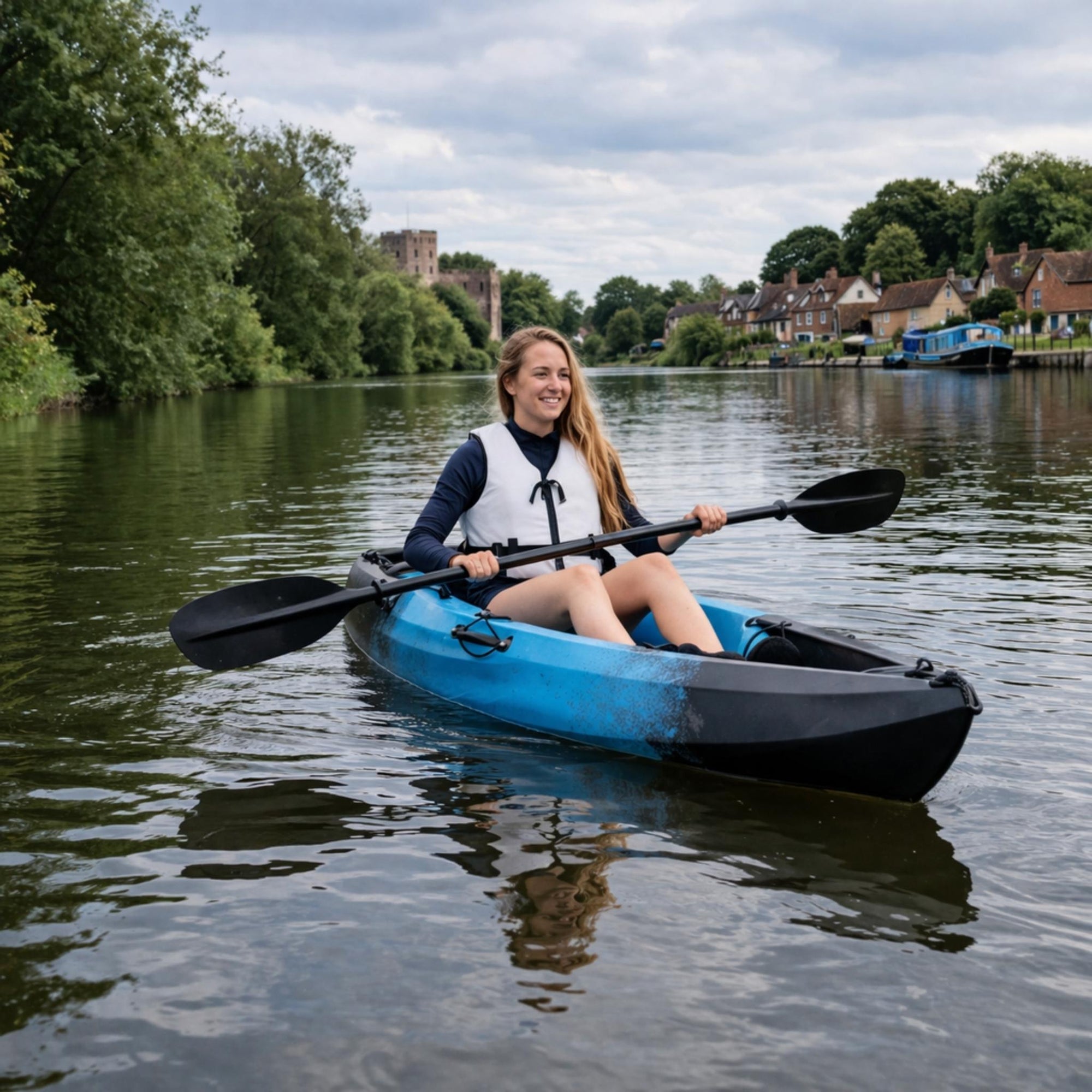 Woman kayaking in Cambridge Kayaks Neptune single sit on top kayak on river near village