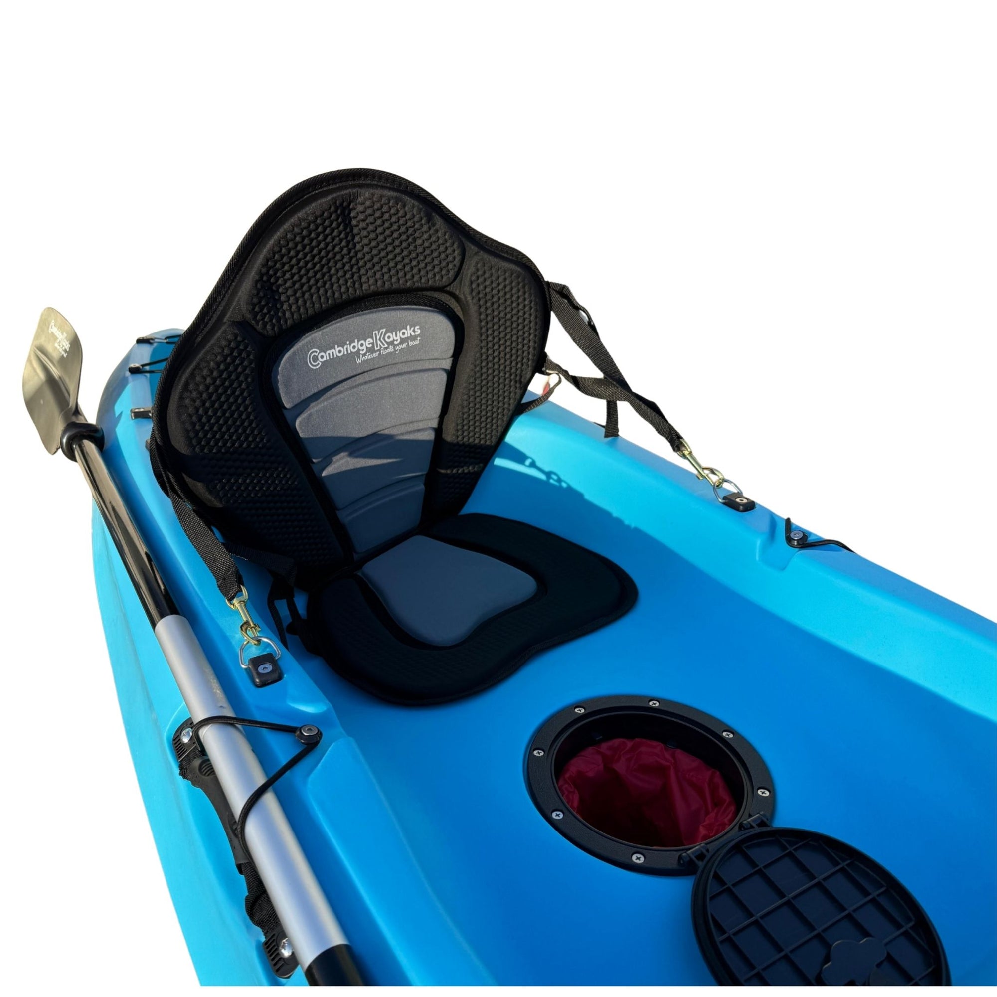 Close-up of the padded ergonomic seat on the Cambridge Kayaks Neptune in blue, designed for comfort and back support on longer paddling sessions, complete with secure side fittings and central hatch.