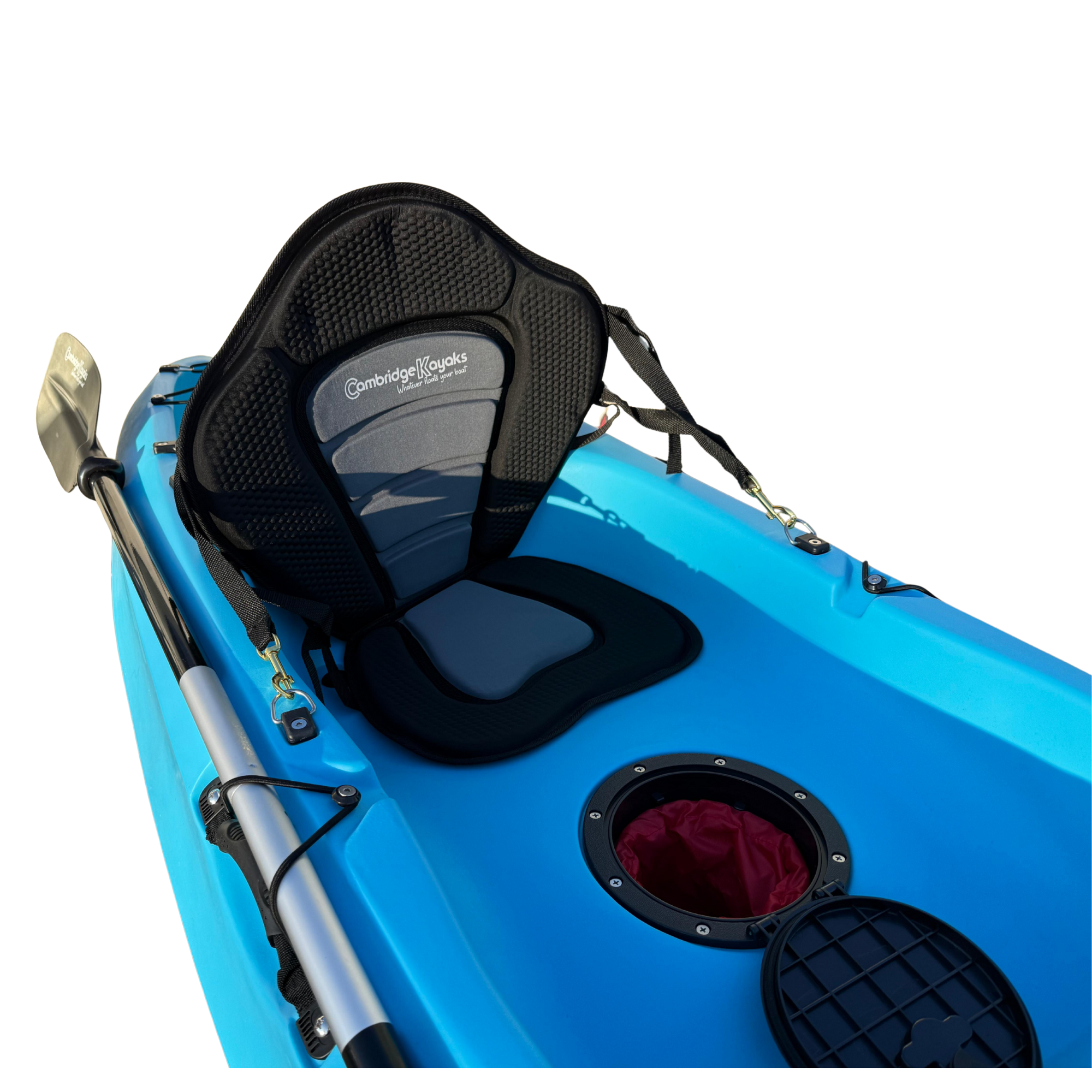 Close-up of the padded ergonomic seat on the Cambridge Kayaks Neptune in blue, designed for comfort and back support on longer paddling sessions, complete with secure side fittings and central hatch.