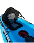 Close-up of the padded ergonomic seat on the Cambridge Kayaks Neptune in blue, designed for comfort and back support on longer paddling sessions, complete with secure side fittings and central hatch.