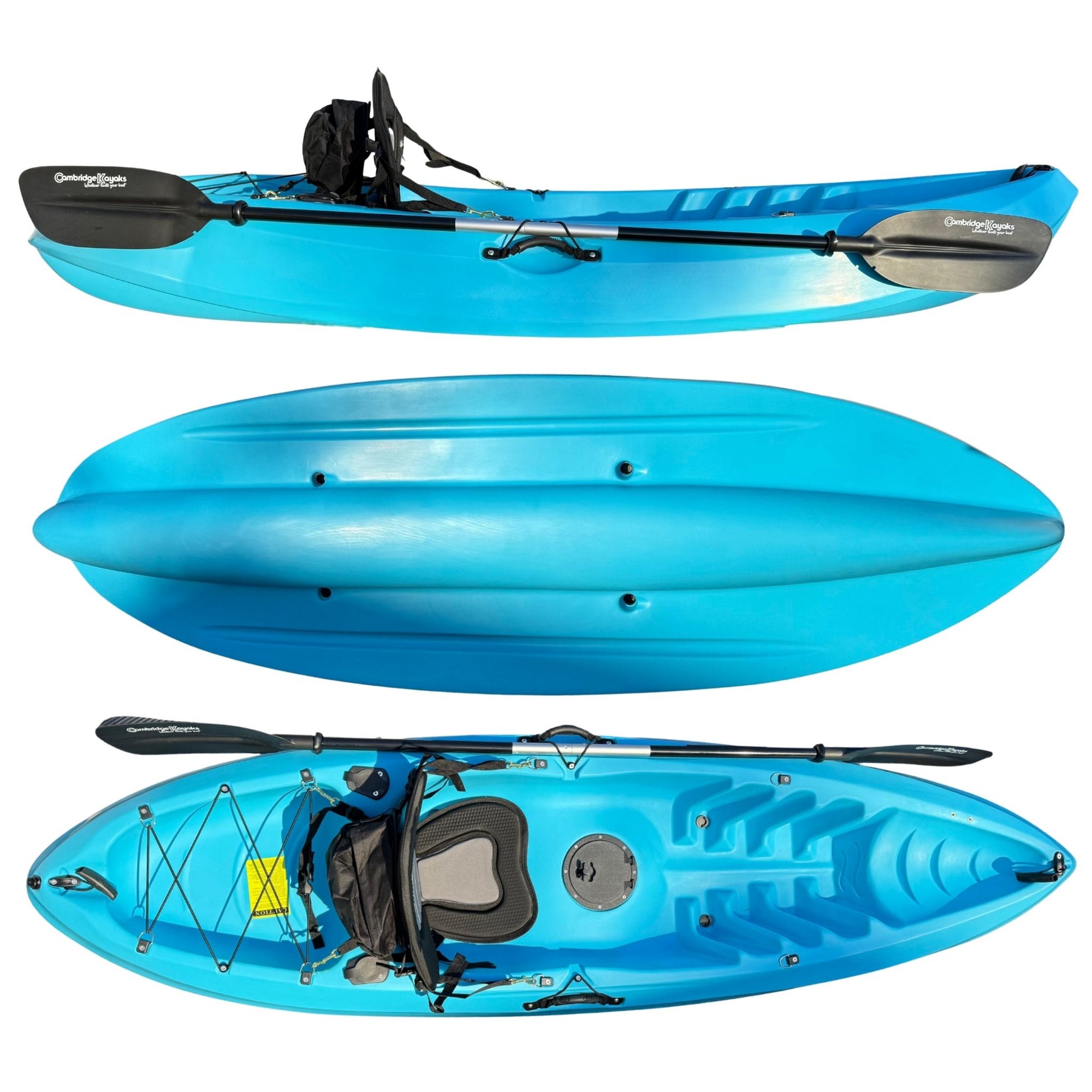 Top, side, and underside view of the Cambridge Kayaks Neptune single sit-on-top kayak in blue, showcasing its tri-hull design for stability, smooth glide, and easy manoeuvrability across various water conditions.
