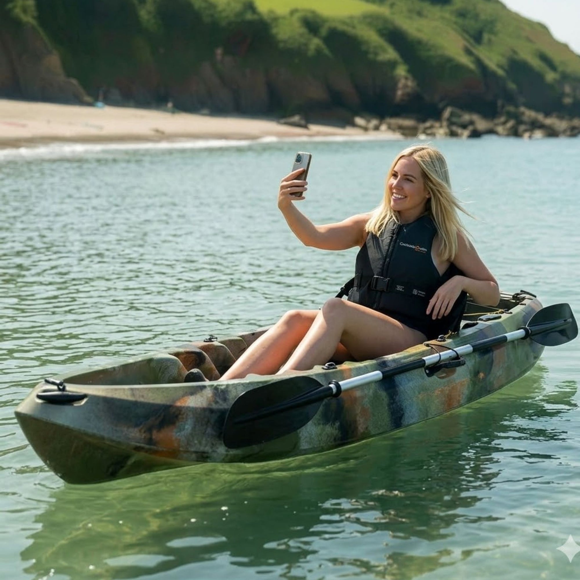Woman taking selfie on Cambridge Kayaks Neptune single sit on top kayak in calm coastal water