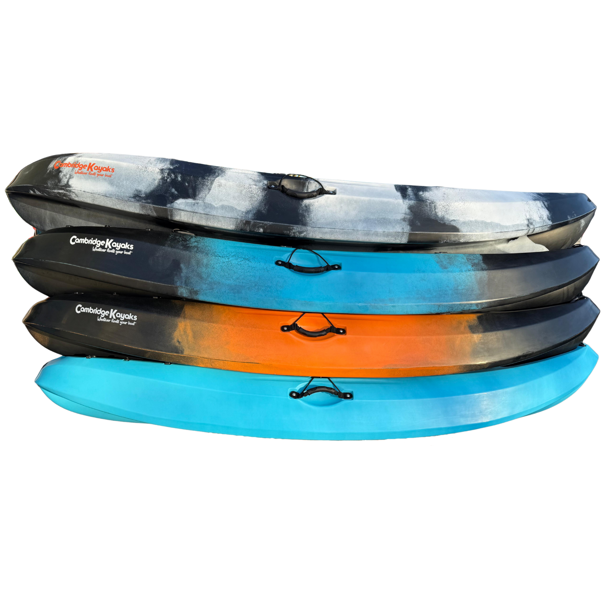 Side view of the Cambridge Kayaks Neptune single sit-on-top kayak range, showcasing four colour options — black-white camo, blue-black, orange-black, and solid blue. Each features a sleek hull design and side carry handles for easy transport.