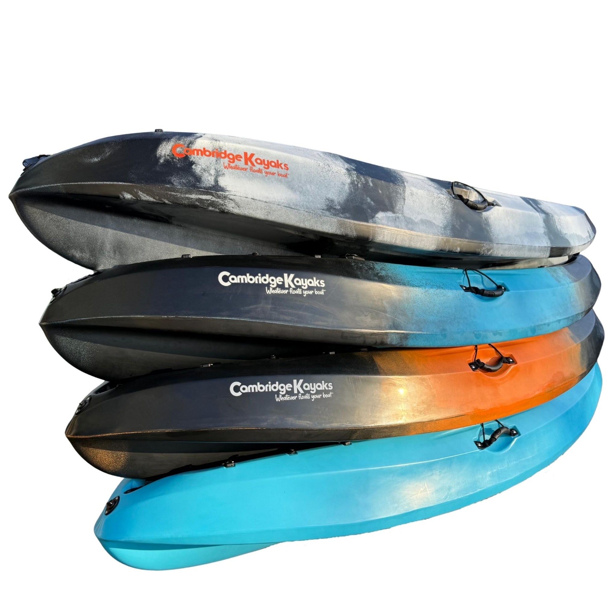 Stacked view of the Cambridge Kayaks Neptune kayak collection, highlighting the variety of available colours and the brand’s signature “Whatever floats your boat” logo — perfect for paddlers seeking style, comfort, and performance.