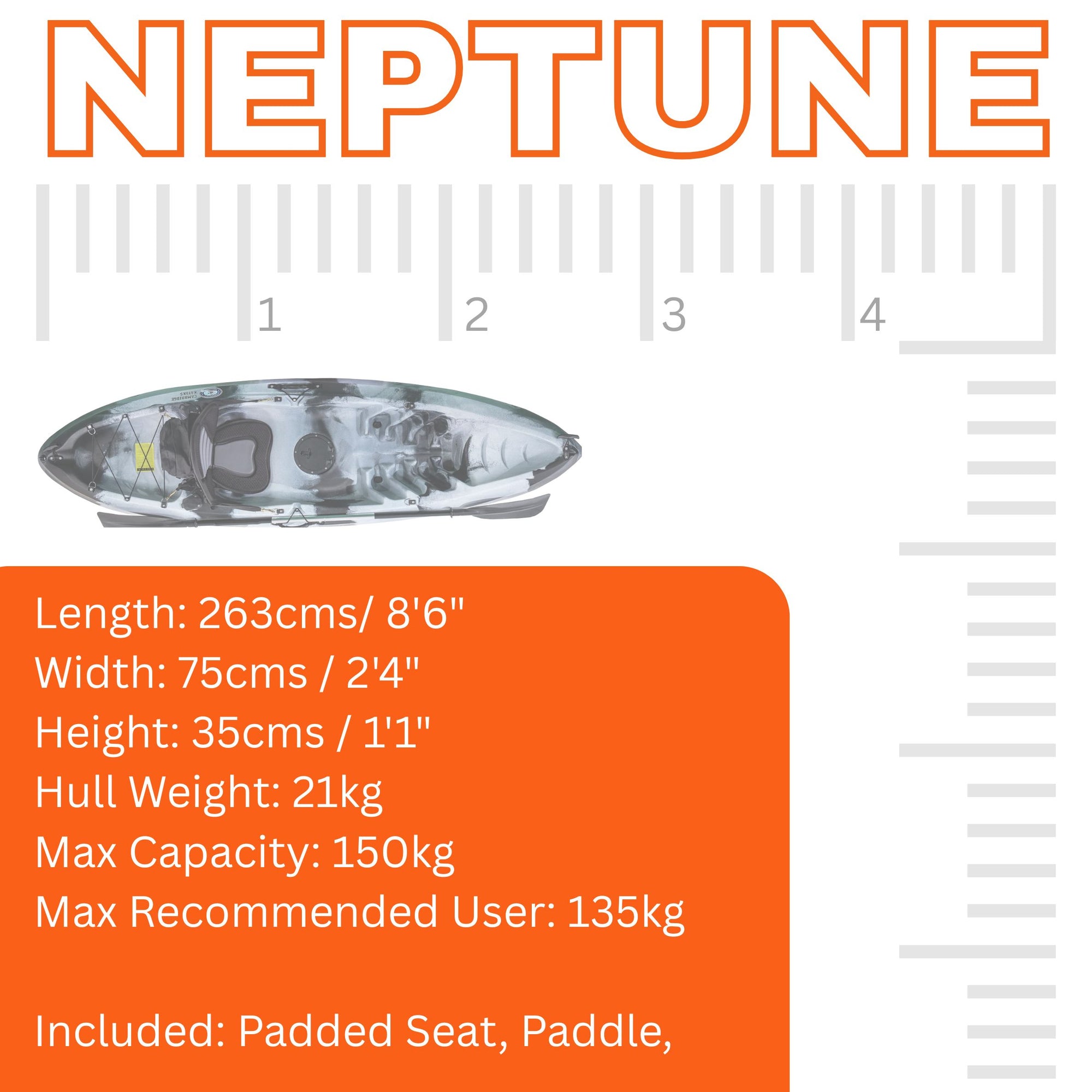 Detailed dimensions diagram of the Cambridge Kayaks Neptune single sit on top kayak showing length, width, weight and specifications