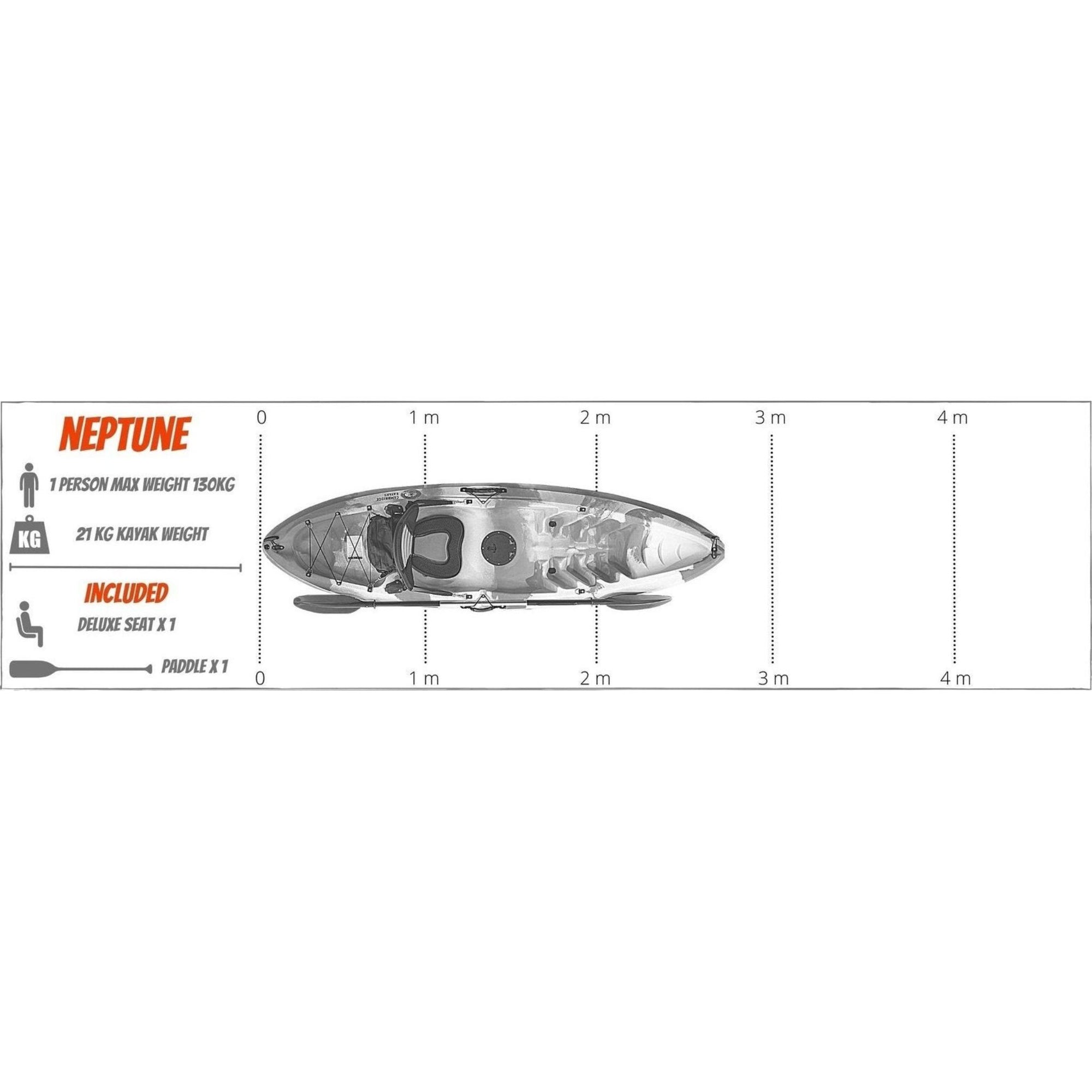 Detailed dimensions diagram of the Cambridge Kayaks Neptune single sit on top kayak showing length, width, weight and specifications