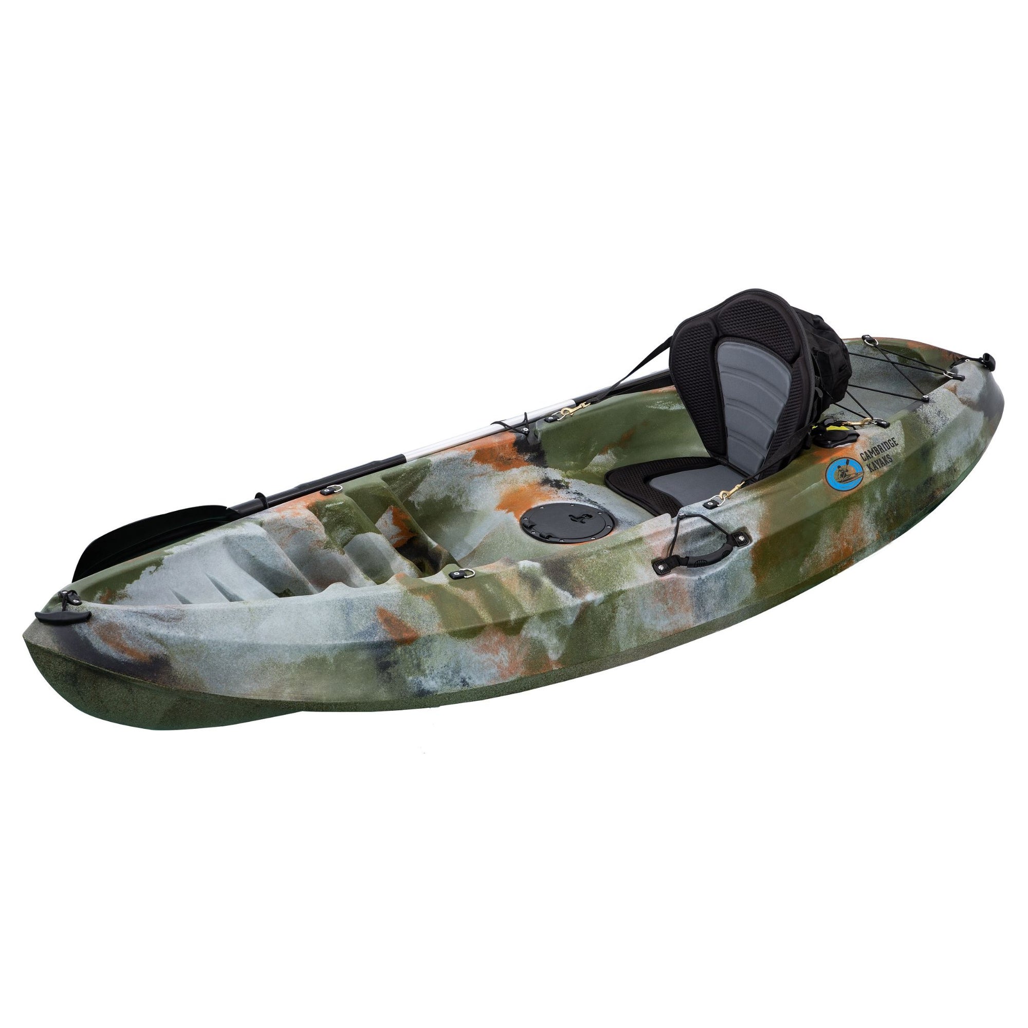 Cambridge Kayaks Neptune single sit-on-top kayak in jungle camo angled left. Compact and lightweight kayak ideal for solo paddlers, fishing, and leisure use.
