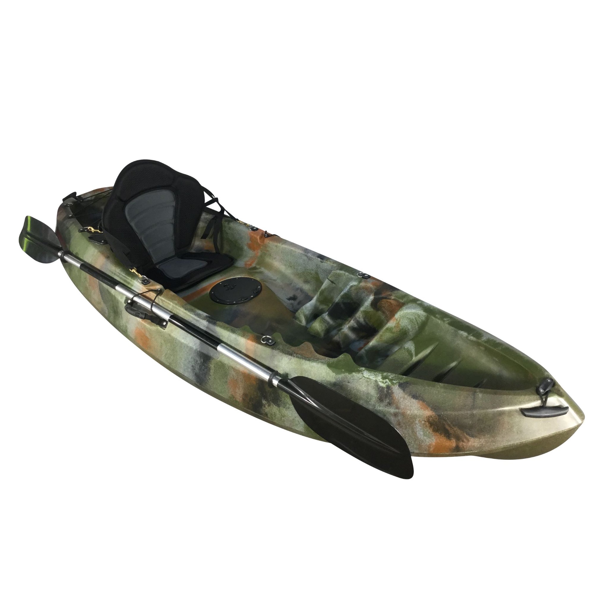 Jungle camo Cambridge Kayaks Neptune single sit-on-top kayak angled right. Durable and stable kayak designed for easy handling and smooth paddling.