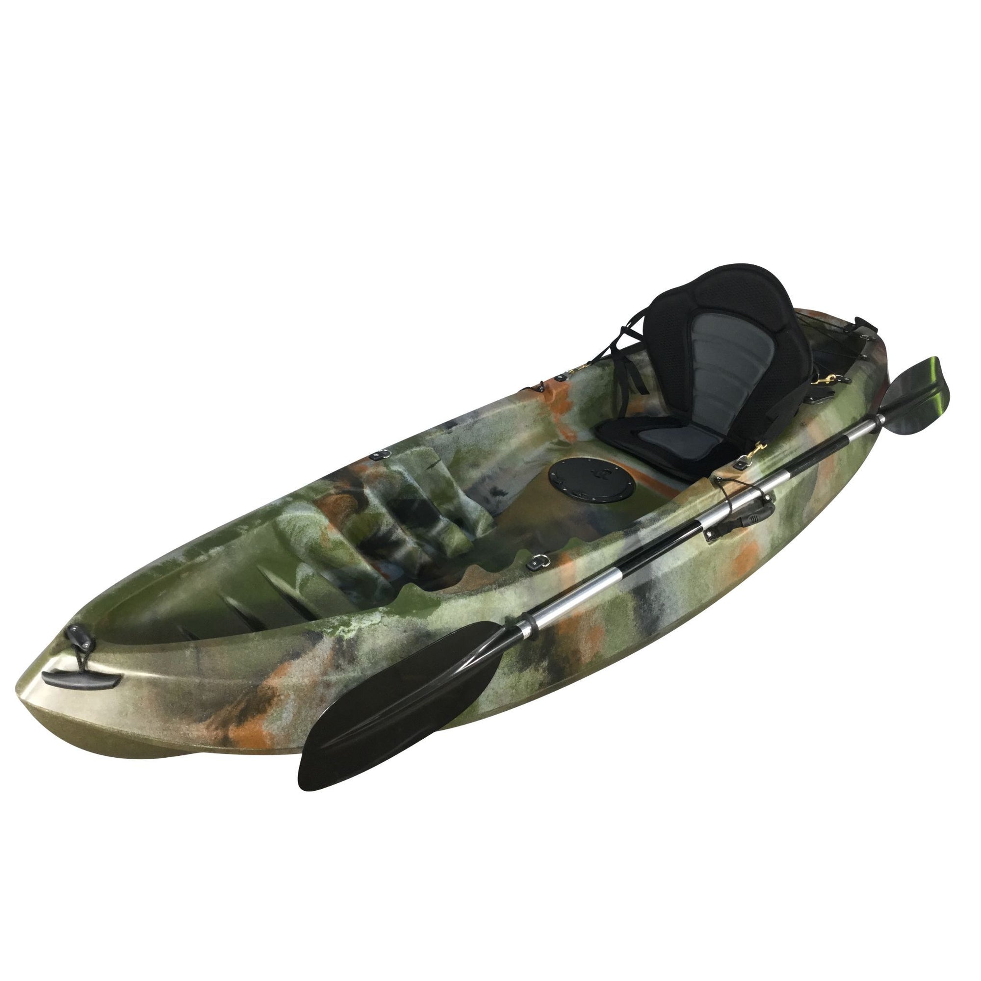 Front angled view of the Cambridge Kayaks Neptune single sit-on-top kayak in jungle camo. Highlights bow shape and carry handle for easy transport.