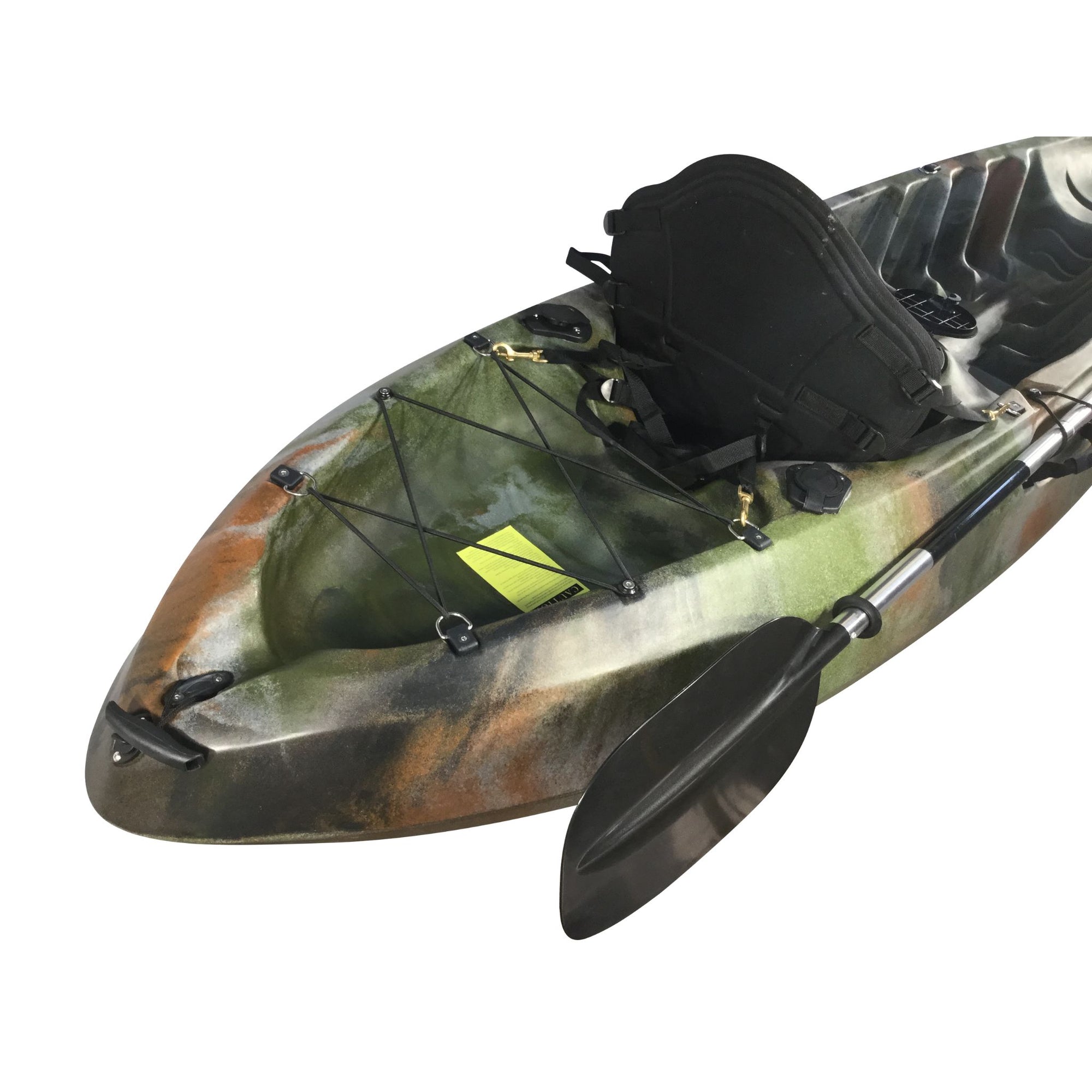 Jungle camo Cambridge Kayaks Neptune kayak hatch and deck close-up. Displays storage compartment, molded footrests, and waterproof hatch detail.