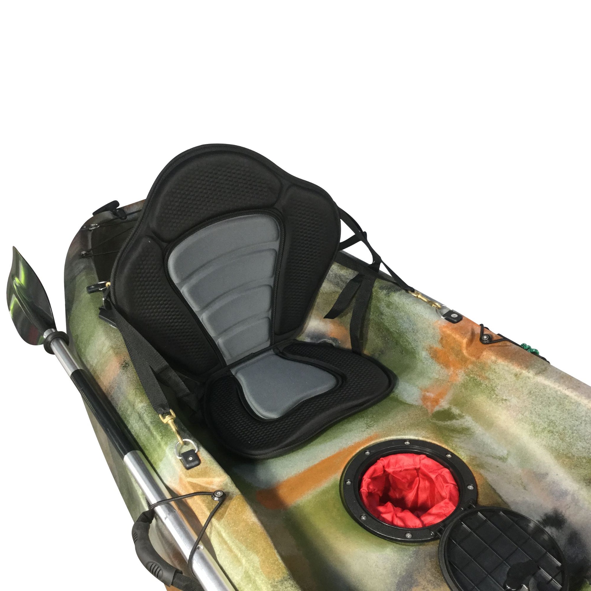Close-up of the Cambridge Kayaks Neptune kayak seat in jungle camo. Shows padded backrest and adjustable straps for comfort and support.