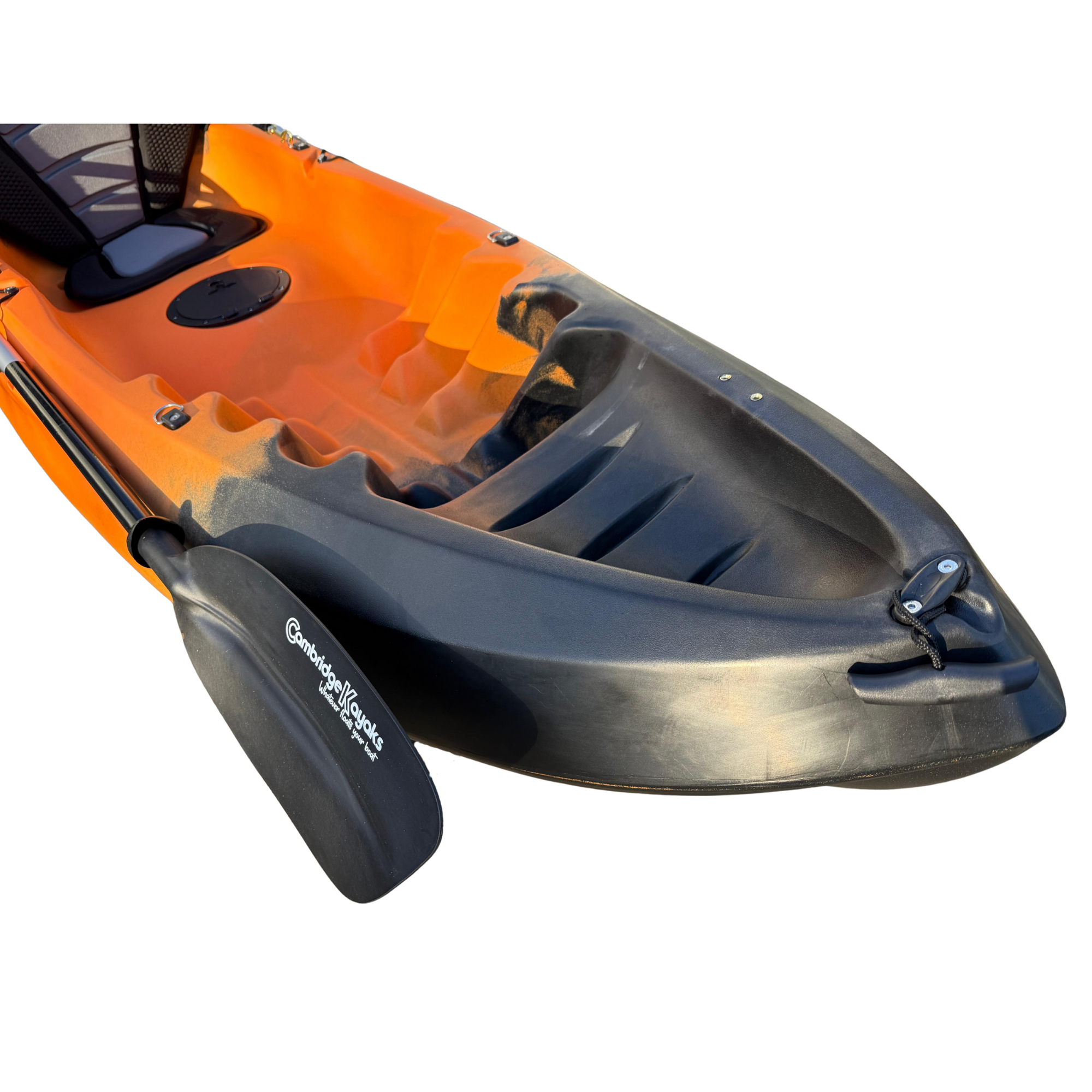 Close-up of the Cambridge Kayaks Neptune kayak in orange and black, focusing on the footwell and front handle area, designed for improved stability, comfort, and control while paddling in various water conditions.