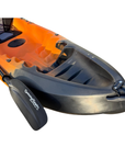 Close-up of the Cambridge Kayaks Neptune kayak in orange and black, focusing on the footwell and front handle area, designed for improved stability, comfort, and control while paddling in various water conditions.