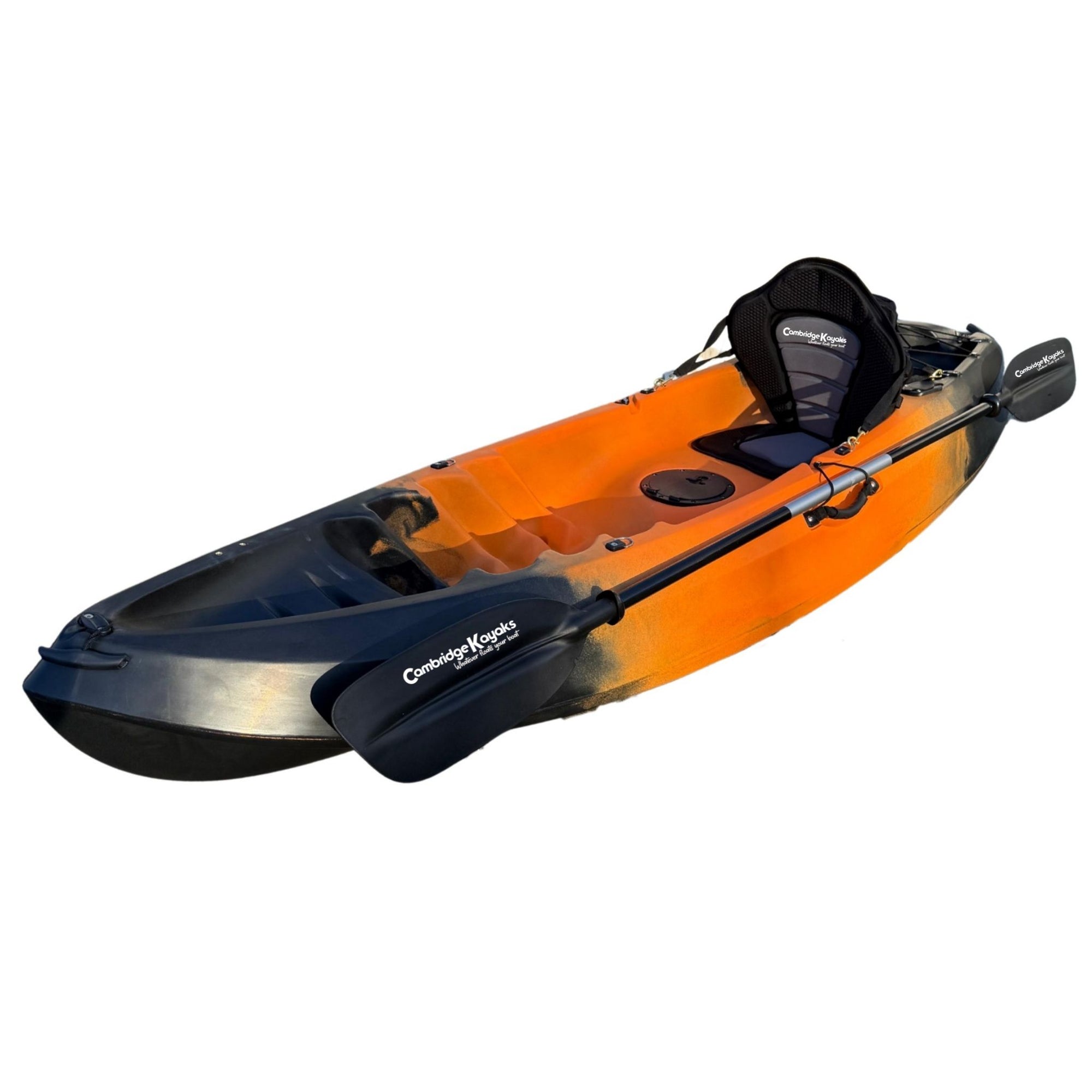 Front-angled view of the Cambridge Kayaks Neptune single sit-on-top kayak in orange and black, featuring a comfortable padded seat, durable hull design, and paddle with Cambridge Kayaks logo — perfect for recreational paddling and exploring calm waters.