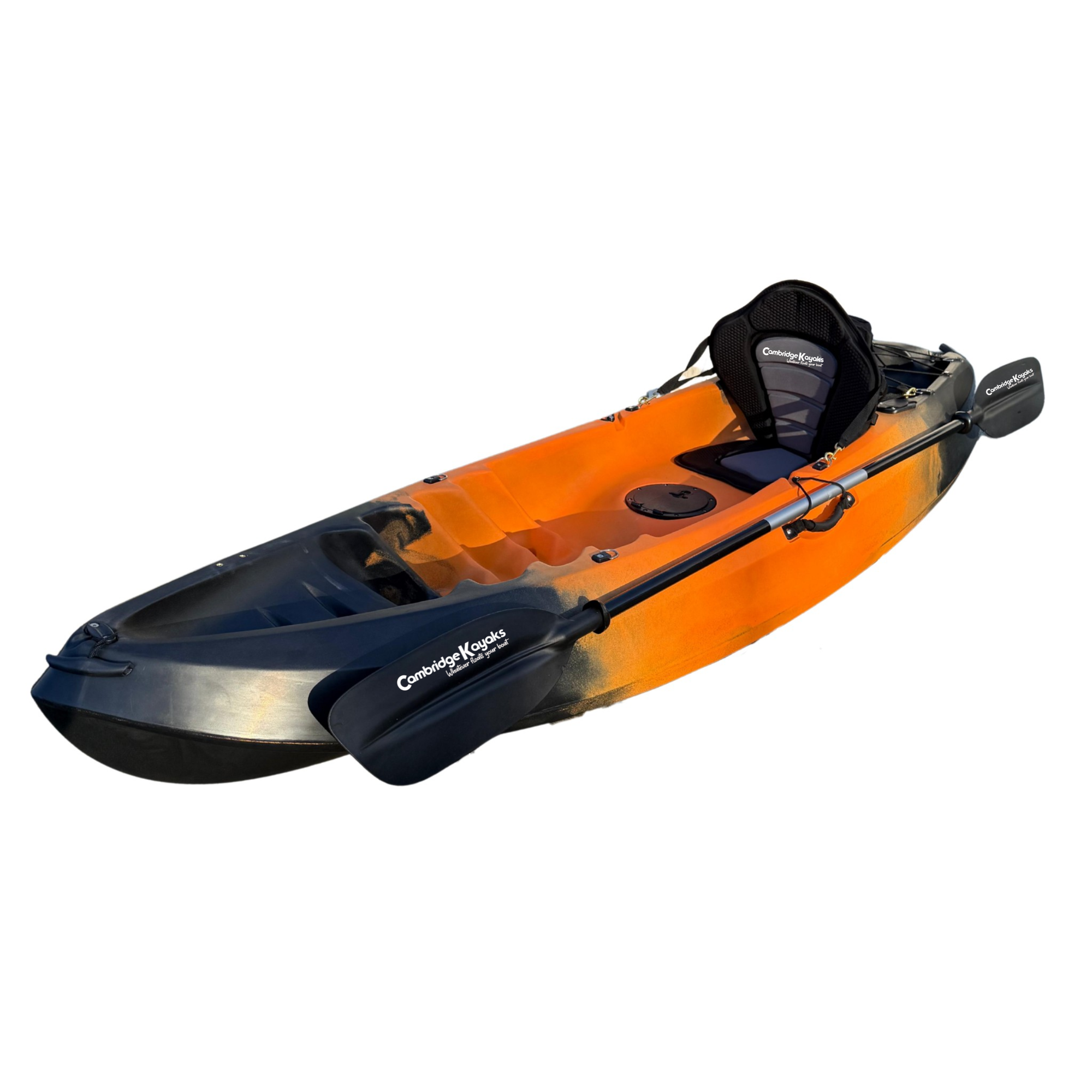 Front-angled view of the Cambridge Kayaks Neptune single sit-on-top kayak in orange and black, featuring a comfortable padded seat, durable hull design, and paddle with Cambridge Kayaks logo — perfect for recreational paddling and exploring calm waters.