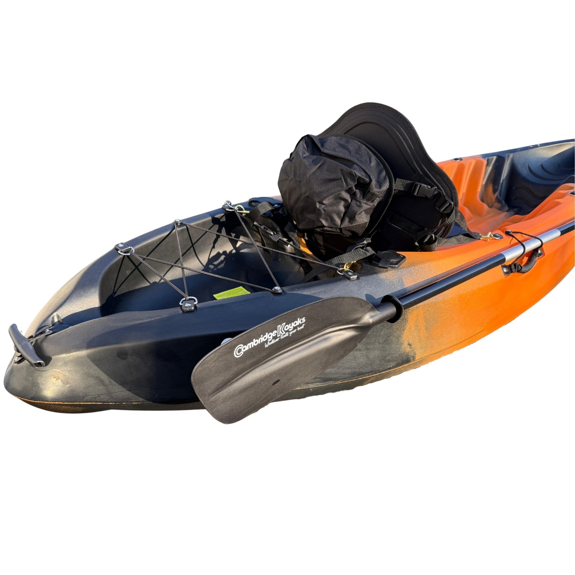 Close-up of the Cambridge Kayaks Neptune single sit-on-top kayak in striking orange and black camo, showing the rear bungee storage area, padded backrest seat, and paddle with logo detailing, ideal for day trips and coastal paddling.