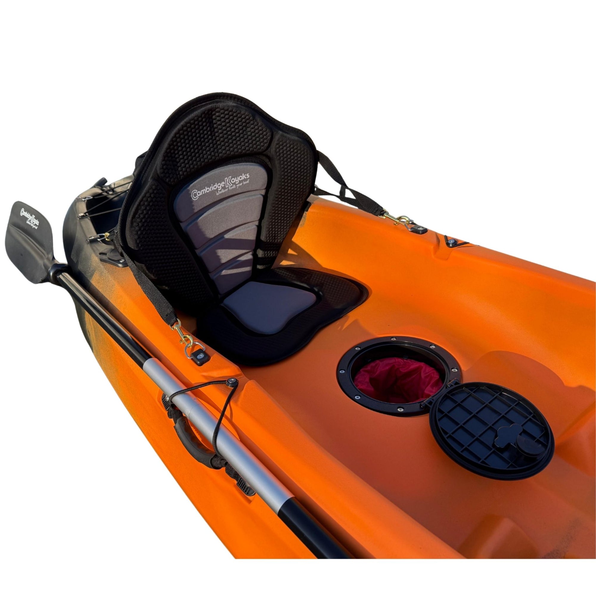 Detailed interior shot of the Cambridge Kayaks Neptune kayak showing the padded ergonomic seat and secure central hatch with waterproof bag insert, designed for convenience and comfort during river or lake exploration.