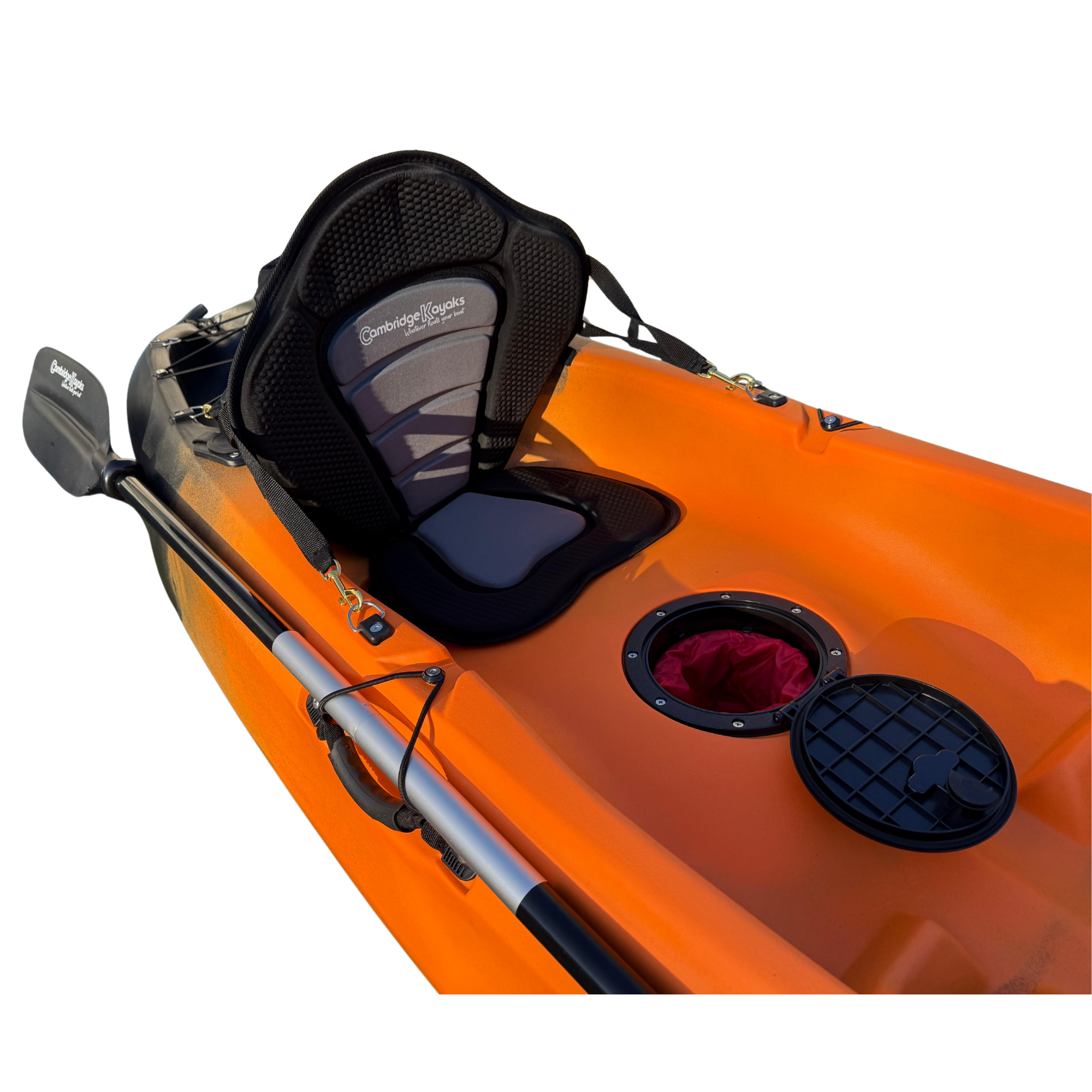 Detailed interior shot of the Cambridge Kayaks Neptune kayak showing the padded ergonomic seat and secure central hatch with waterproof bag insert, designed for convenience and comfort during river or lake exploration.