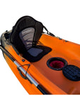 Detailed interior shot of the Cambridge Kayaks Neptune kayak showing the padded ergonomic seat and secure central hatch with waterproof bag insert, designed for convenience and comfort during river or lake exploration.