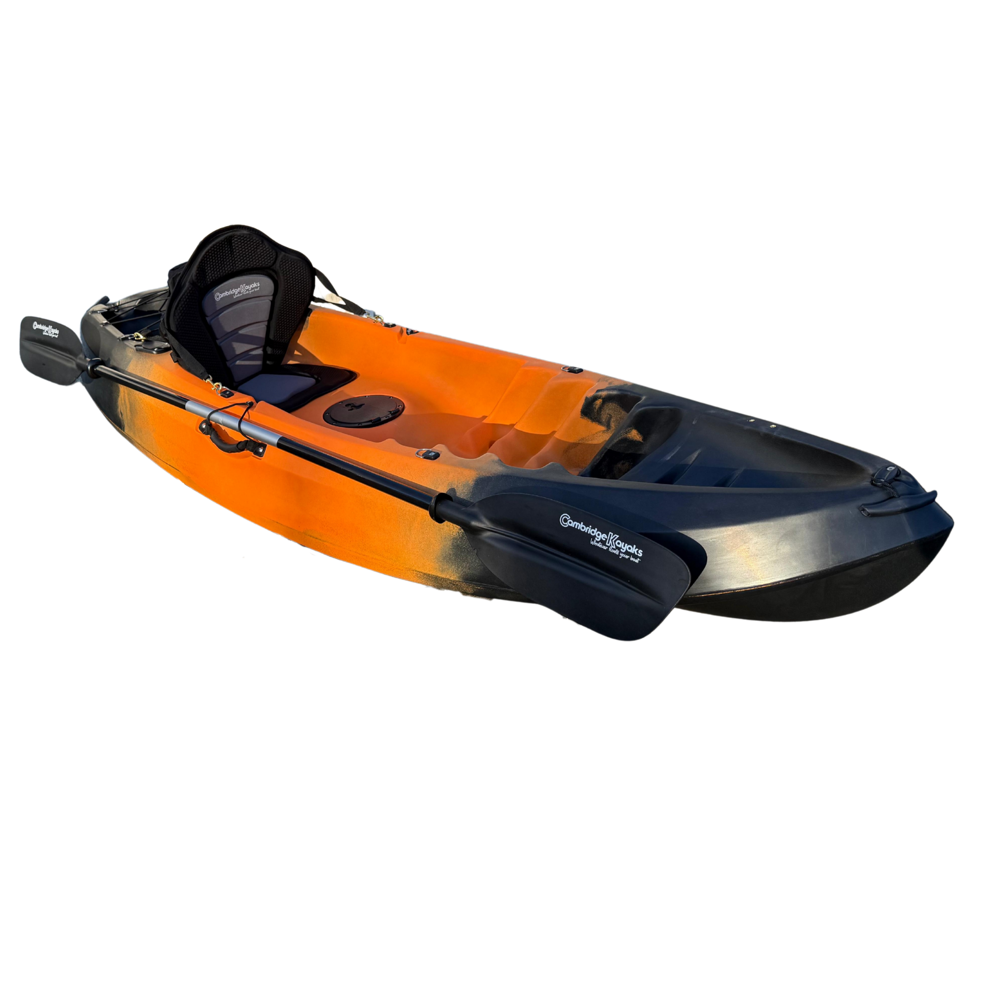 Full side profile of the Cambridge Kayaks Neptune single sit-on-top kayak in orange and black, highlighting its durable hull design, central storage hatch, and comfortable padded seat — perfect for solo leisure paddling or light fishing.