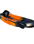 Full side profile of the Cambridge Kayaks Neptune single sit-on-top kayak in orange and black, highlighting its durable hull design, central storage hatch, and comfortable padded seat — perfect for solo leisure paddling or light fishing.