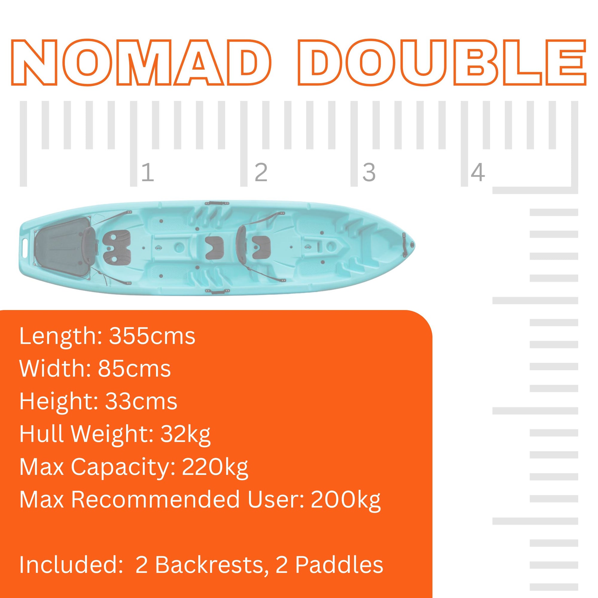 Cambridge Kayaks Nomad Double sit-on-top kayak specifications chart showing a turquoise tandem kayak with dimensions: length 355 cm, width 85 cm, height 33 cm, hull weight 32 kg, max capacity 220 kg, and recommended user weight 200 kg. Includes two backrests and two paddles