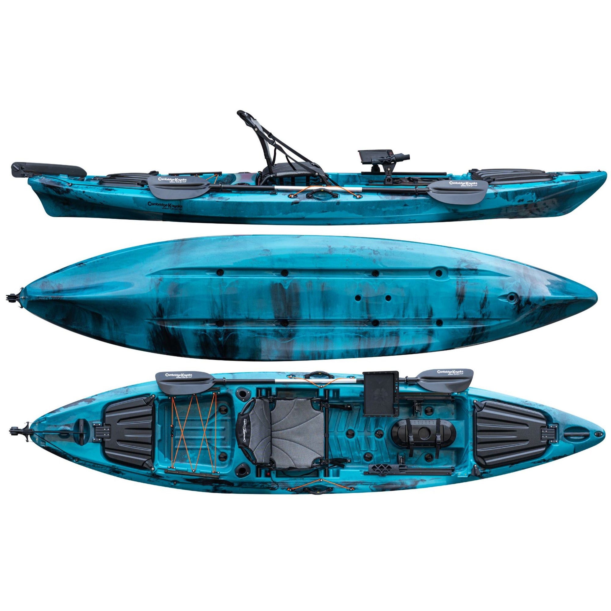 Cambridge Kayaks Odyssey 13ft Pro fishing kayak in blue black camo, premium single sit on top kayak for serious anglers, designed for sea, river and lake fishing across the UK