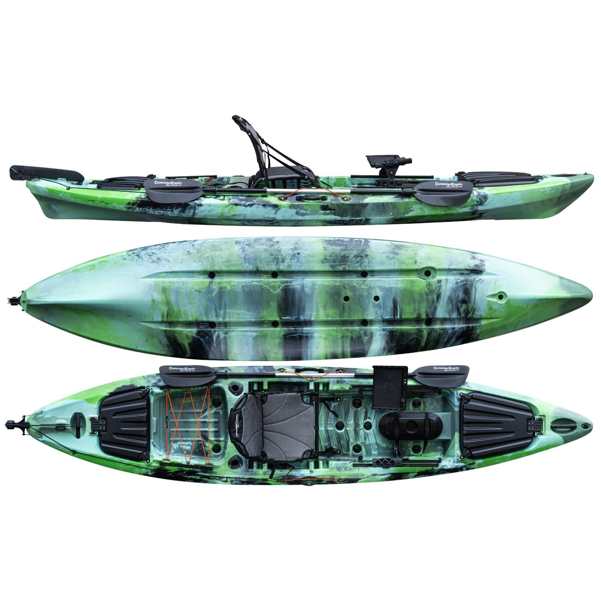 Cambridge Kayaks Odyssey 13ft Pro fishing kayak in green black camo, premium single fishing kayak for UK waters, perfect for coastal touring, river fishing and leisure paddling