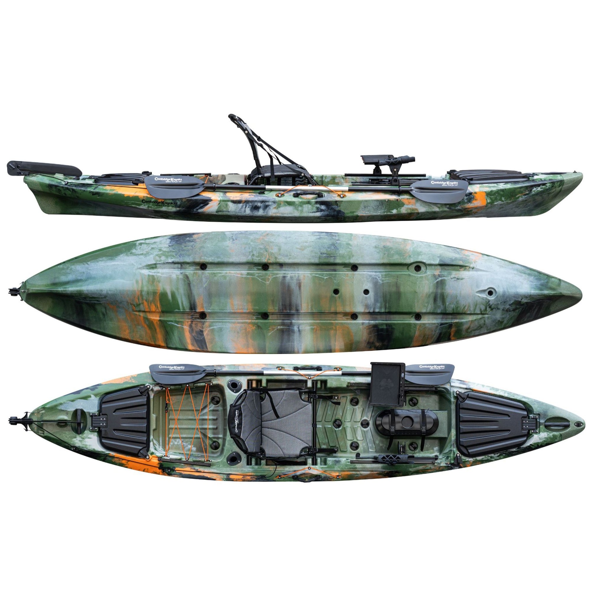 Cambridge Kayaks Odyssey 13ft Pro sit on top fishing kayak in jungle camo, lightweight and strong angling kayak for sea and river fishing with adjustable chair and footrests