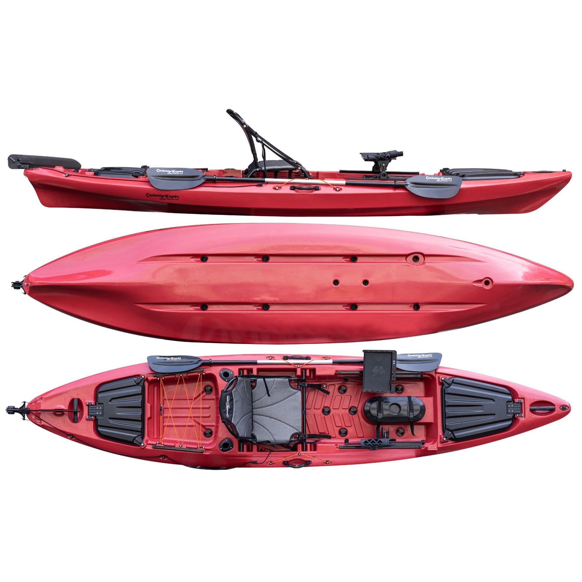 Cambridge Kayaks Odyssey 13ft Pro fishing kayak in red, stable and durable kayak with adjustable seat, rod holders and rear storage, one of the best pro fishing kayaks UK