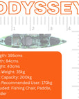 Cambridge Kayaks Odyssey fishing kayak specifications chart showing a green sit-on-top kayak with dimensions: length 395 cm, width 84 cm, height 40 cm, hull weight 35 kg, max capacity 200 kg, and recommended user weight 170 kg. Includes fishing chair, paddle, and rudder.