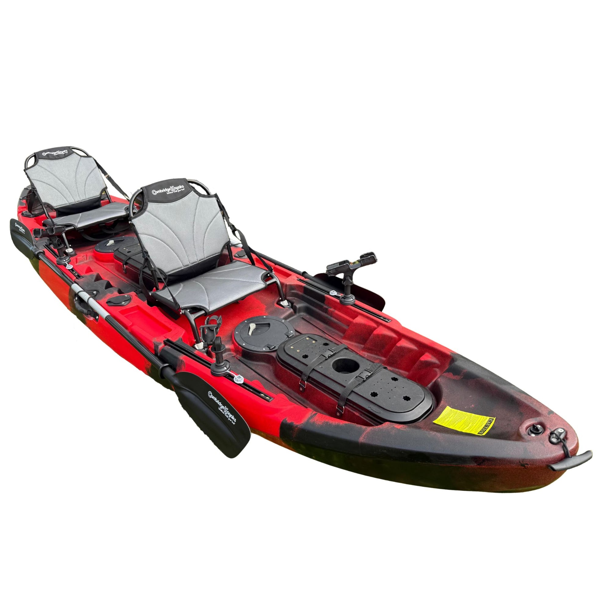 Red Orca double fishing kayak viewed from the front side, showing the seating layout and front storage hatch.
